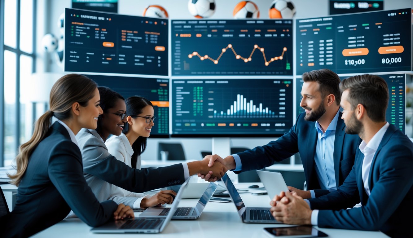 Seorang profesional berjabat tangan dengan klien di kantor modern dengan layar komputer yang menampilkan data taruhan olahraga dan grafik keuangan.
