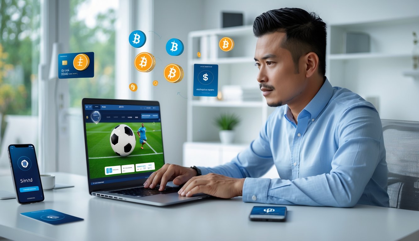 Seorang pria Indonesia duduk di meja kerja dengan laptop yang menampilkan situs taruhan bola online, dikelilingi oleh elemen pembayaran digital.