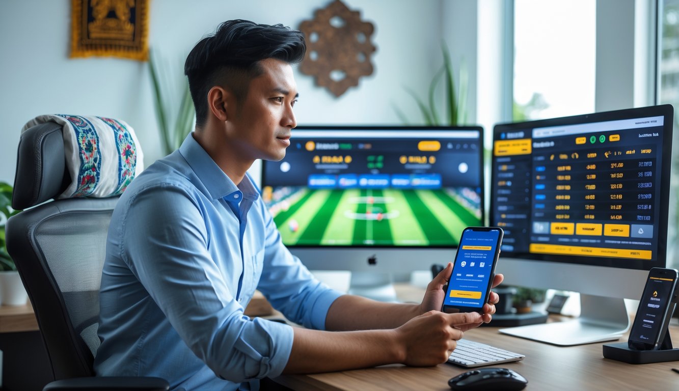 Seorang pria Indonesia duduk di meja dengan beberapa layar menampilkan pertandingan sepak bola dan aplikasi taruhan online.