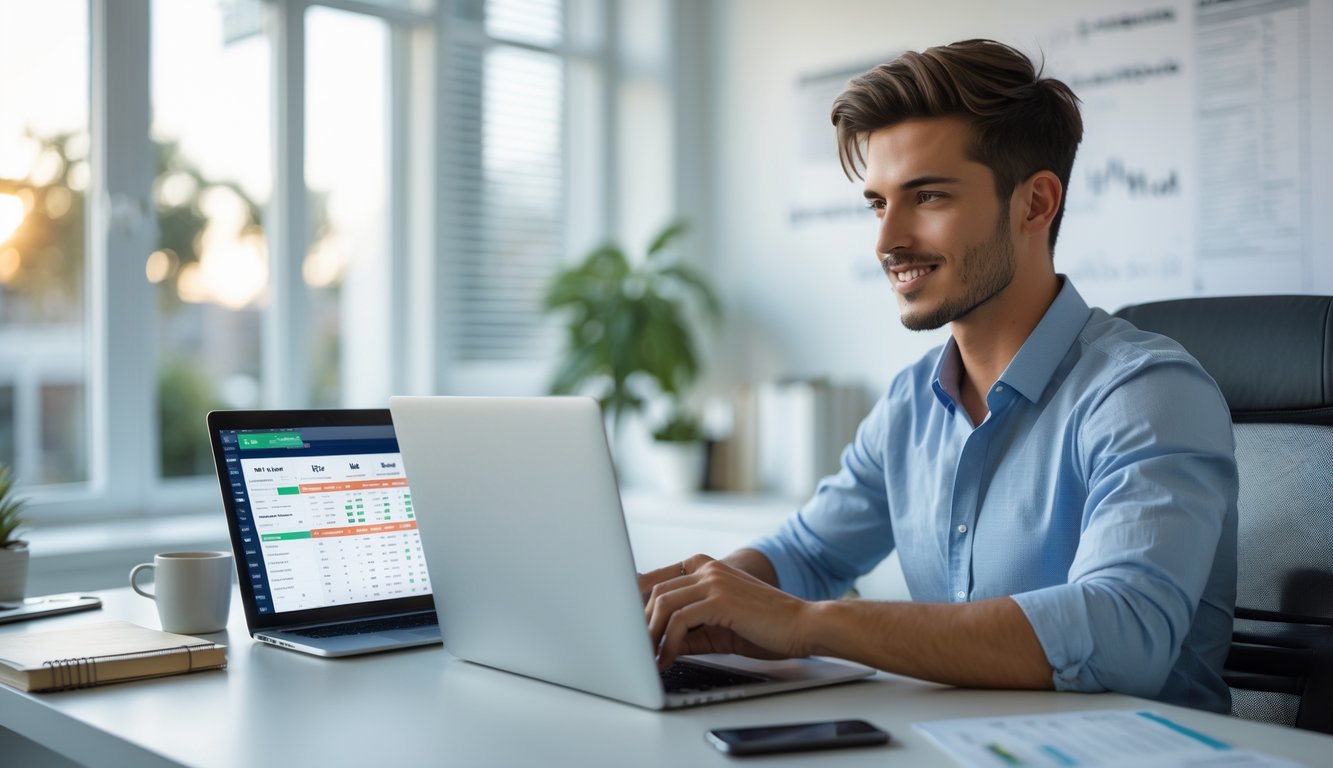 Seorang pria muda duduk di meja kerja menggunakan laptop dengan ekspresi fokus di sebuah ruang kerja rumah yang terang dan rapi.