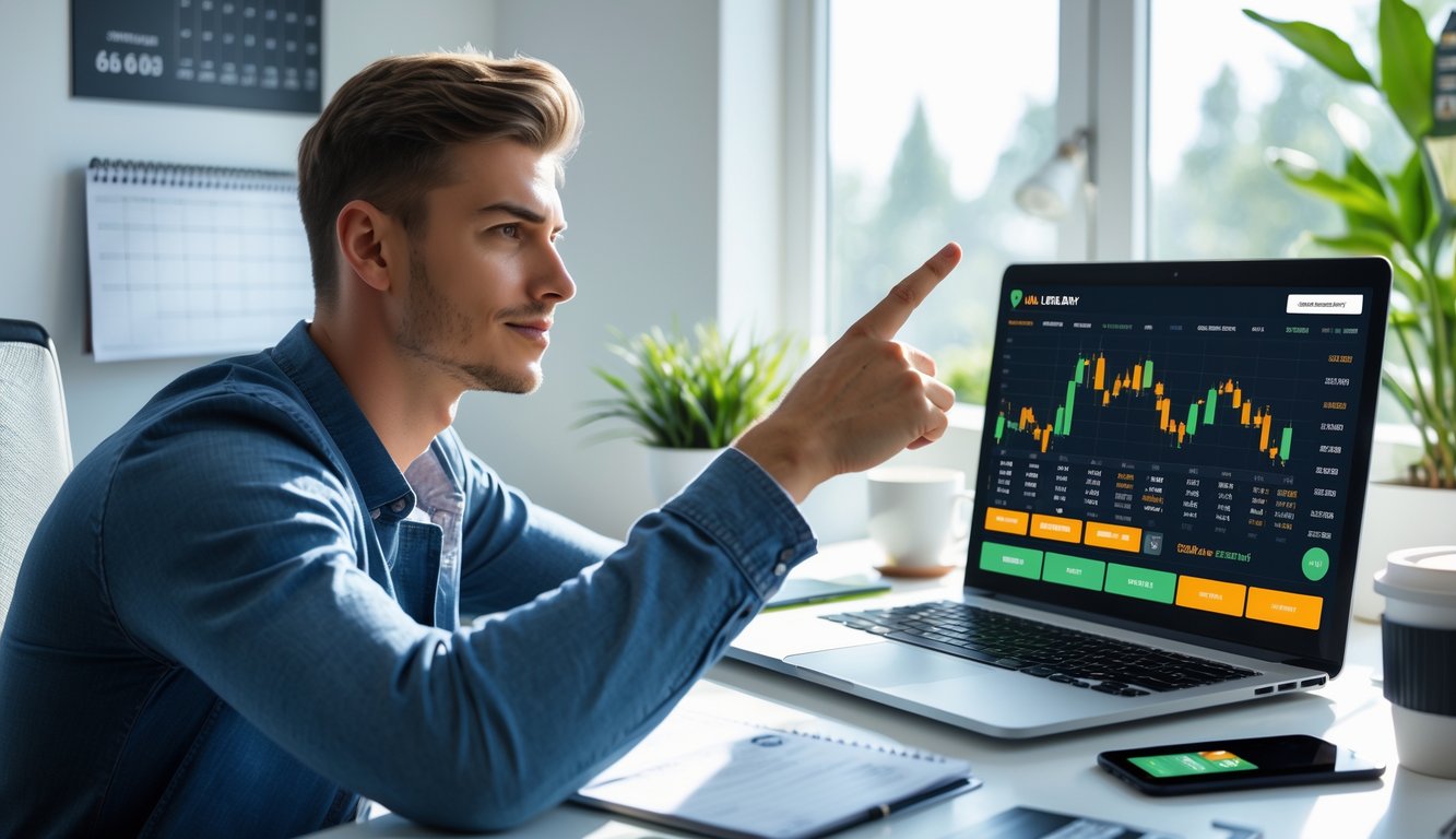 Seorang pria muda duduk di meja kerja dengan laptop terbuka, sedang menganalisis statistik taruhan online di ruang kerja yang terang dan rapi.