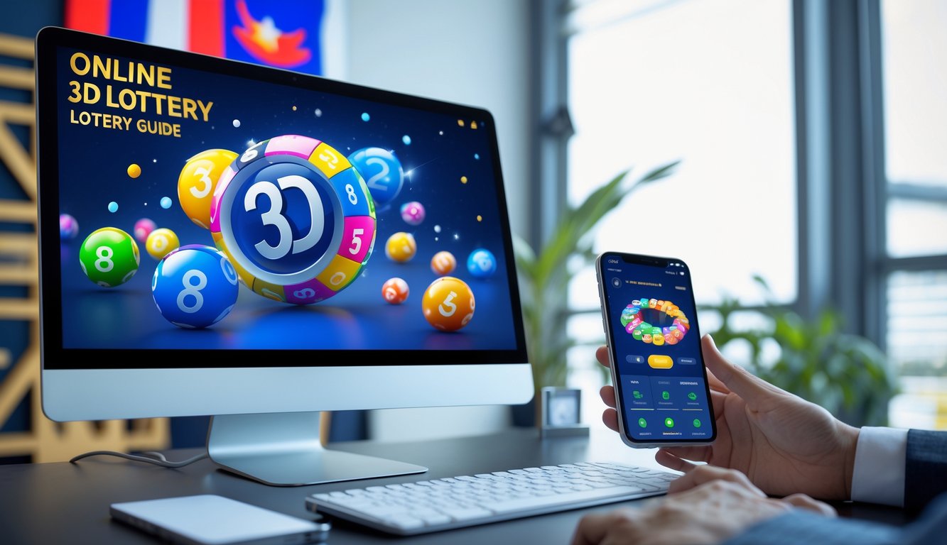 Meja kerja modern dengan komputer dan ponsel yang menampilkan permainan togel 3D online, dengan dekorasi kecil yang menunjukkan suasana Indonesia.