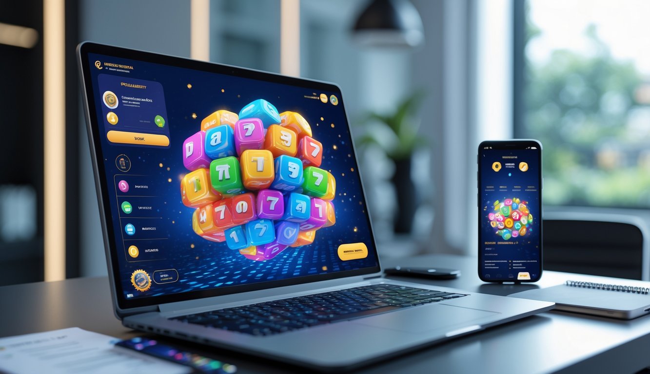 Seorang pengguna duduk di depan laptop dengan tampilan permainan togel 3D di layar, di meja terdapat smartphone dan bendera kecil Indonesia.