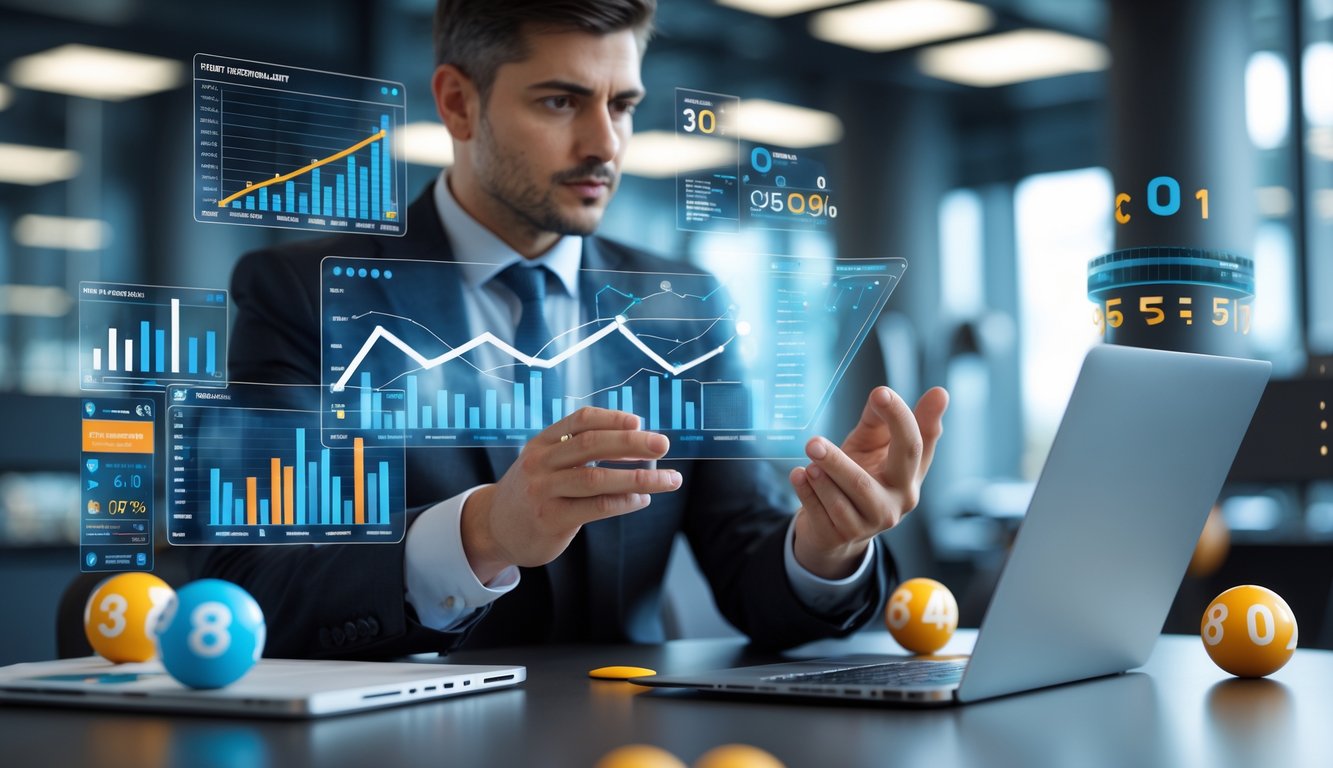 Seorang profesional sedang menganalisis data pada tablet dan laptop di kantor modern dengan tampilan grafik dan angka di layar.
