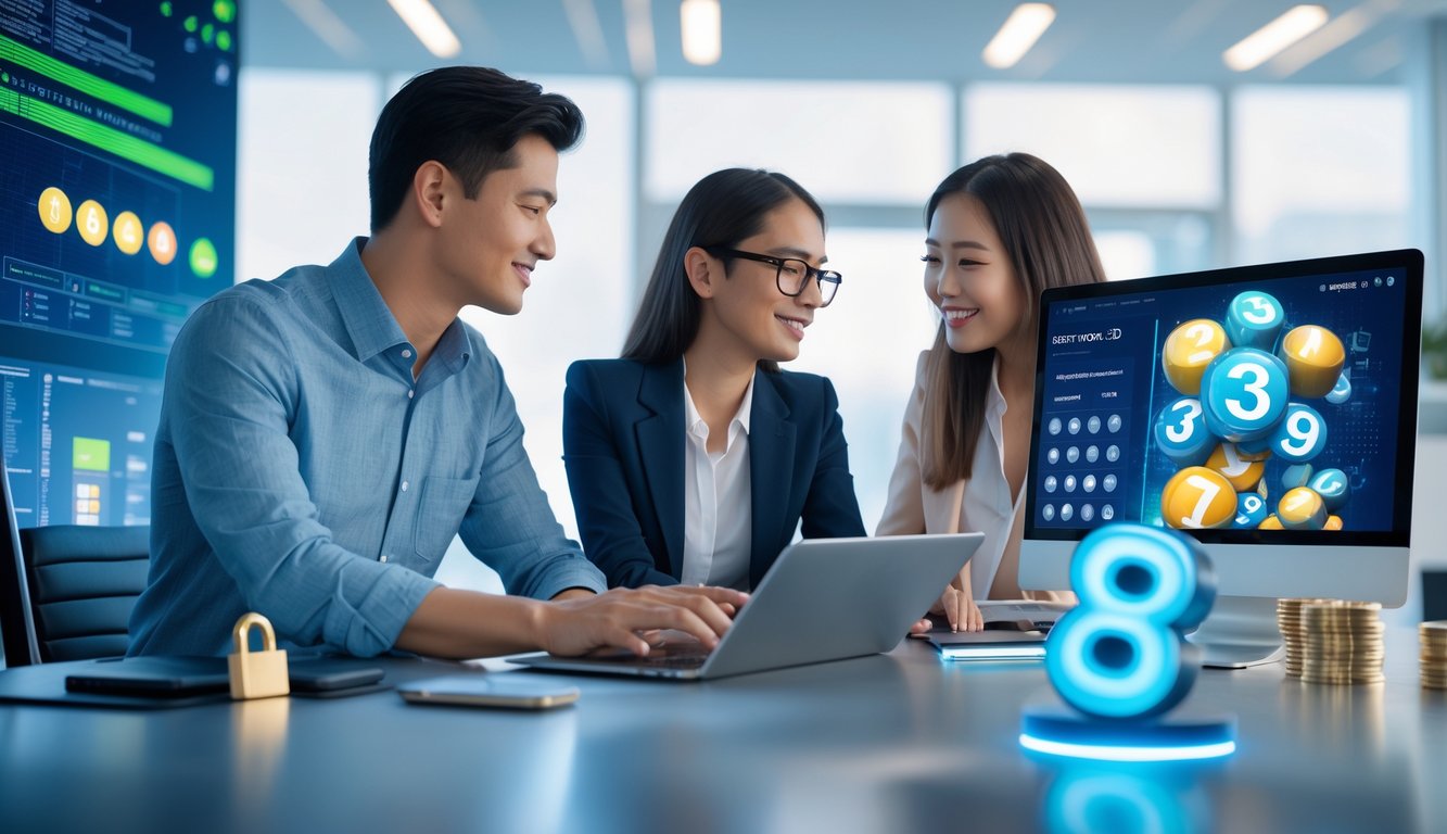 Dua orang sedang bekerja bersama di kantor dengan perangkat digital, membahas strategi togel online 3D.