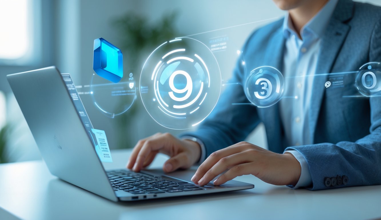 Seseorang menggunakan laptop di meja dengan grafik digital angka togel 3D mengambang di udara, menunjukkan suasana bermain togel online yang aman dan terpercaya.