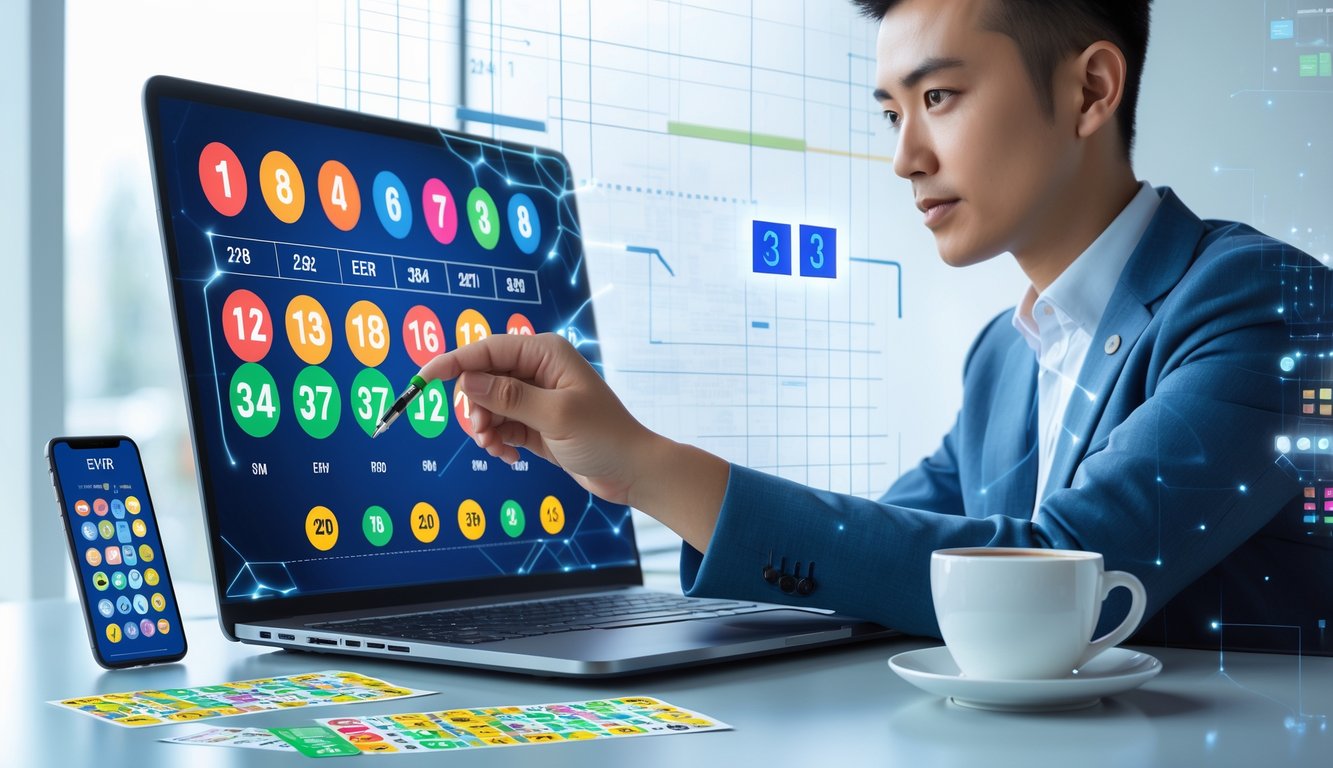 Seseorang yang fokus bekerja di depan laptop dengan tampilan angka togel dan grafik, dikelilingi tiket togel dan ponsel dengan aplikasi togel, di ruang kerja yang terang dan rapi.