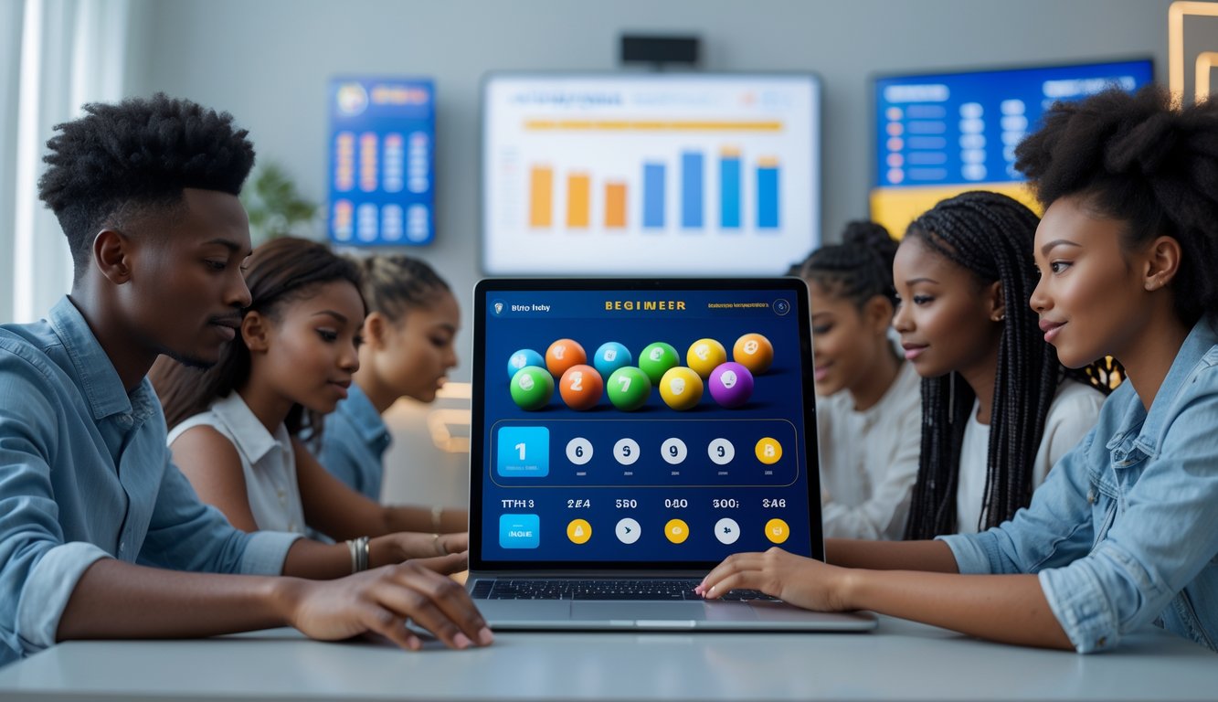 Sekelompok orang muda menggunakan laptop dengan tampilan bola lotere 3D di layar dalam ruangan terang.