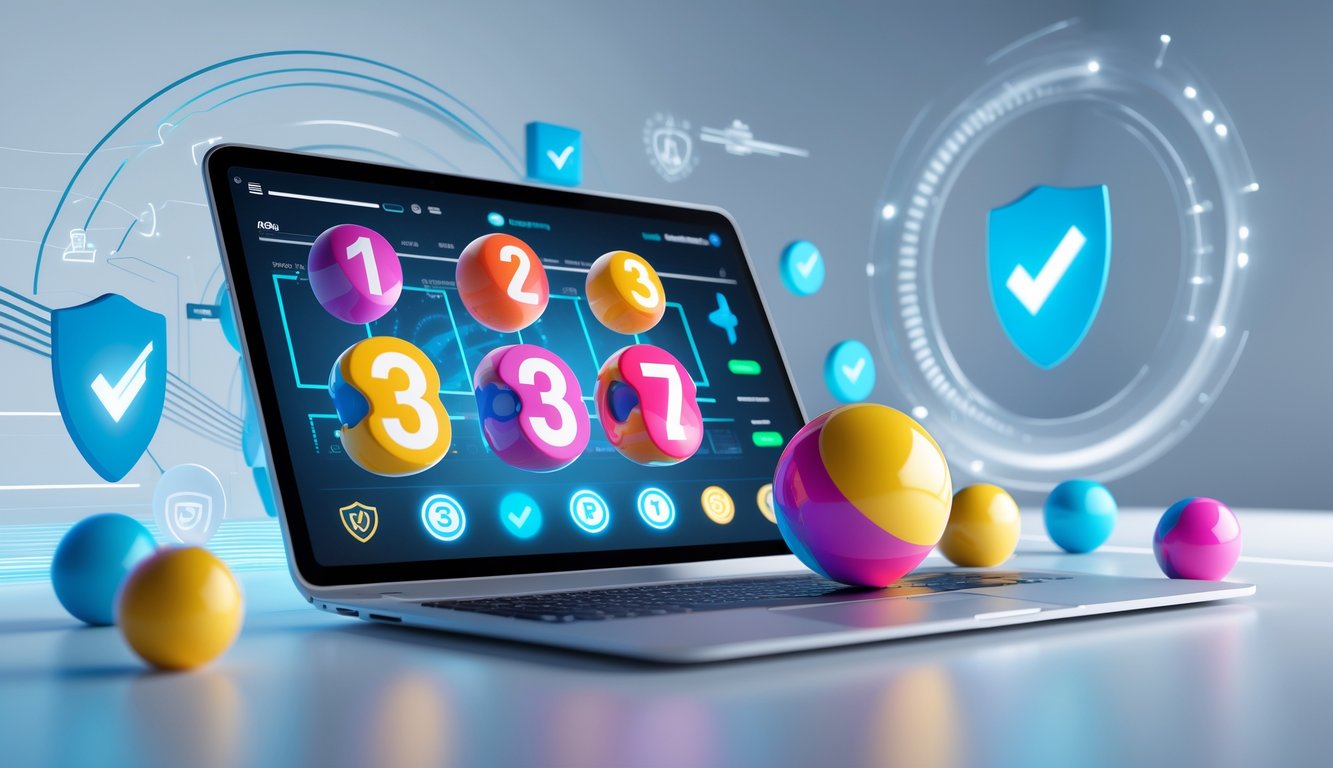 Sebuah perangkat digital menampilkan angka togel 3D berwarna-warni dengan latar belakang bersih dan elemen keamanan yang menunjukkan platform togel online resmi dan terpercaya.