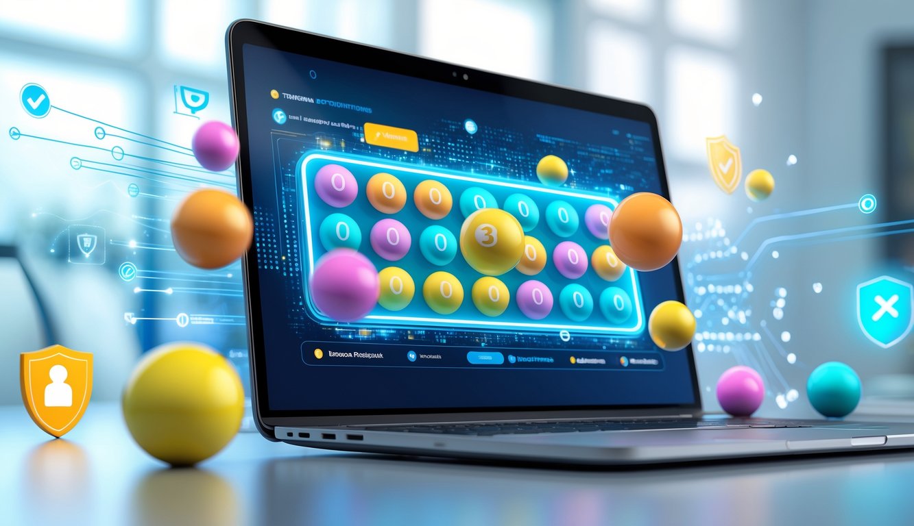 Sebuah perangkat digital menampilkan antarmuka lotere 3D dengan bola lotere berwarna-warni yang mengambang, dikelilingi oleh ikon keamanan dan teknologi.