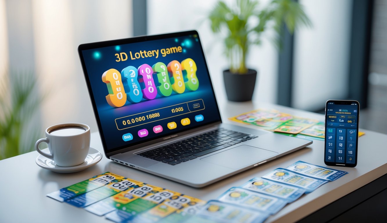 Meja kerja dengan laptop menampilkan angka togel 3D, tiket togel, smartphone dengan aplikasi taruhan, dan secangkir kopi.