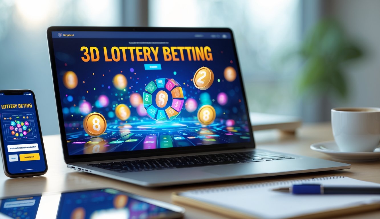 Seorang pengguna duduk di depan laptop yang menampilkan antarmuka taruhan togel online 3D dengan angka berwarna-warni, dikelilingi oleh ponsel, secangkir kopi, dan buku catatan di meja kerja.