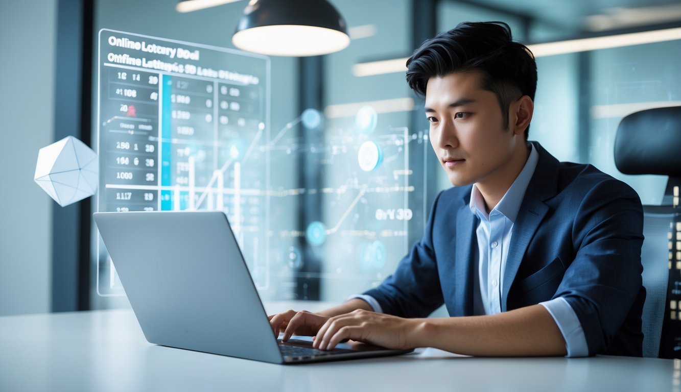 Seorang pria muda duduk di depan laptop di kantor modern dengan tampilan layar yang menampilkan data dan grafik.