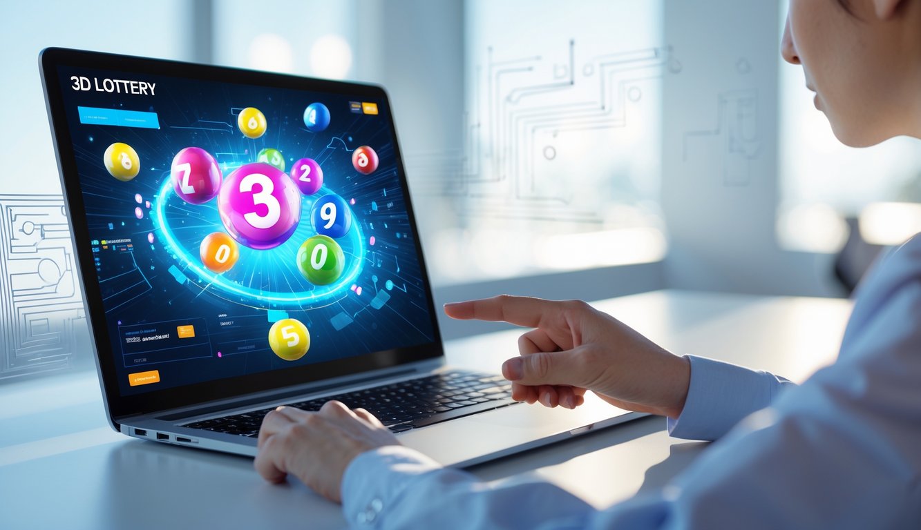 Seseorang menggunakan komputer dengan tampilan antarmuka togel 3D online di meja kerja modern.