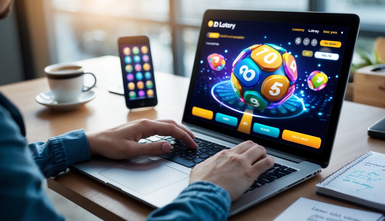 Seorang pria duduk di depan laptop dengan layar menampilkan permainan togel 3D, di meja terdapat kopi, ponsel, dan buku catatan.