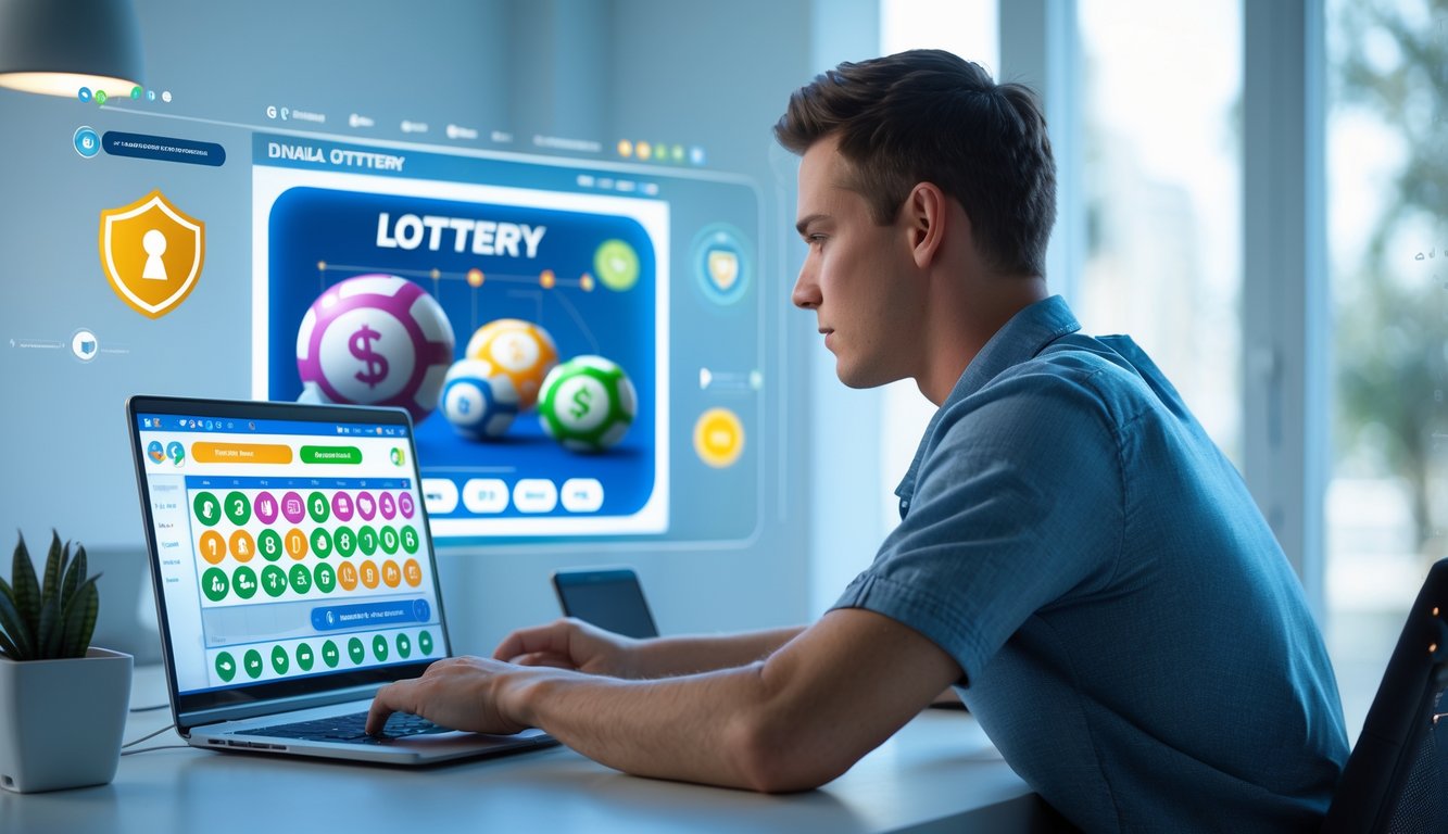 Seorang pria muda sedang fokus menggunakan laptop dan ponsel untuk bermain togel online 3D di ruangan yang terang dan aman.