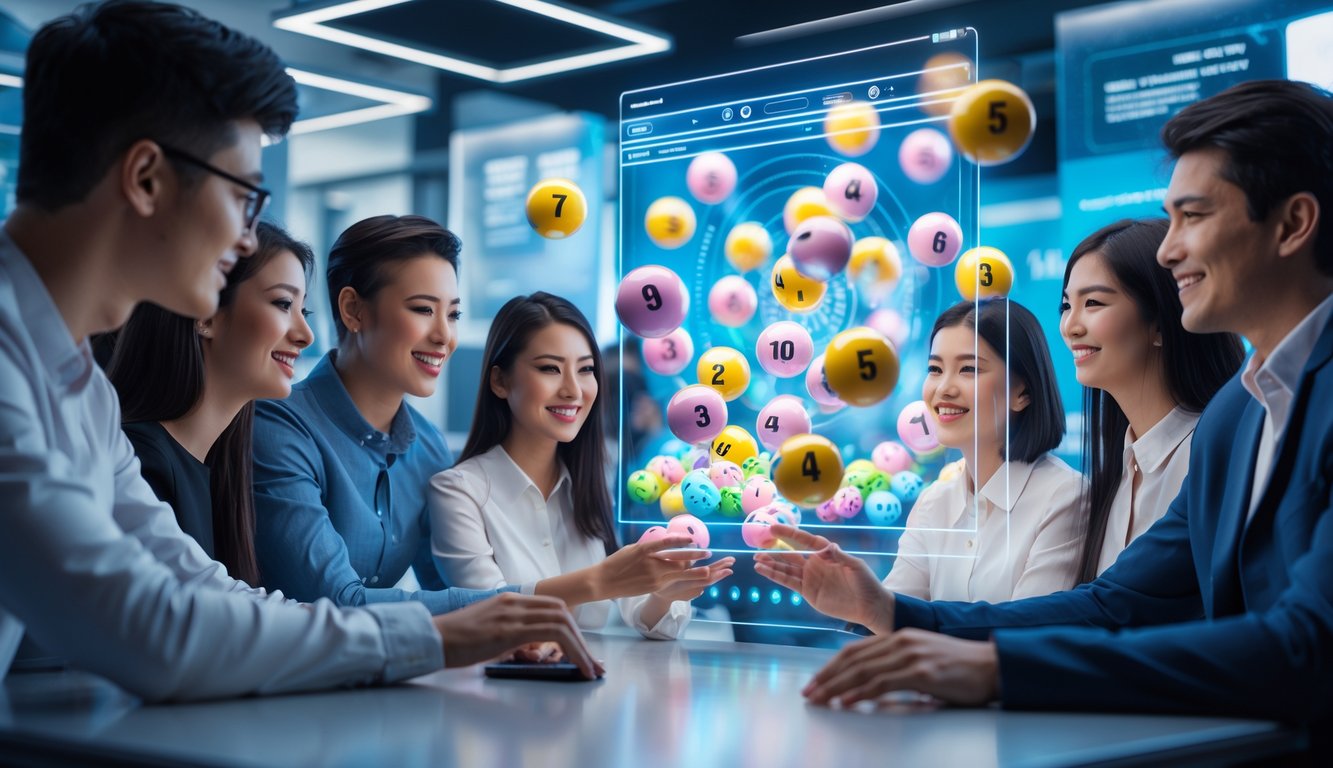 Beberapa orang muda sedang menggunakan layar sentuh besar dengan bola lotere 3D berwarna-warni di ruang kerja modern.