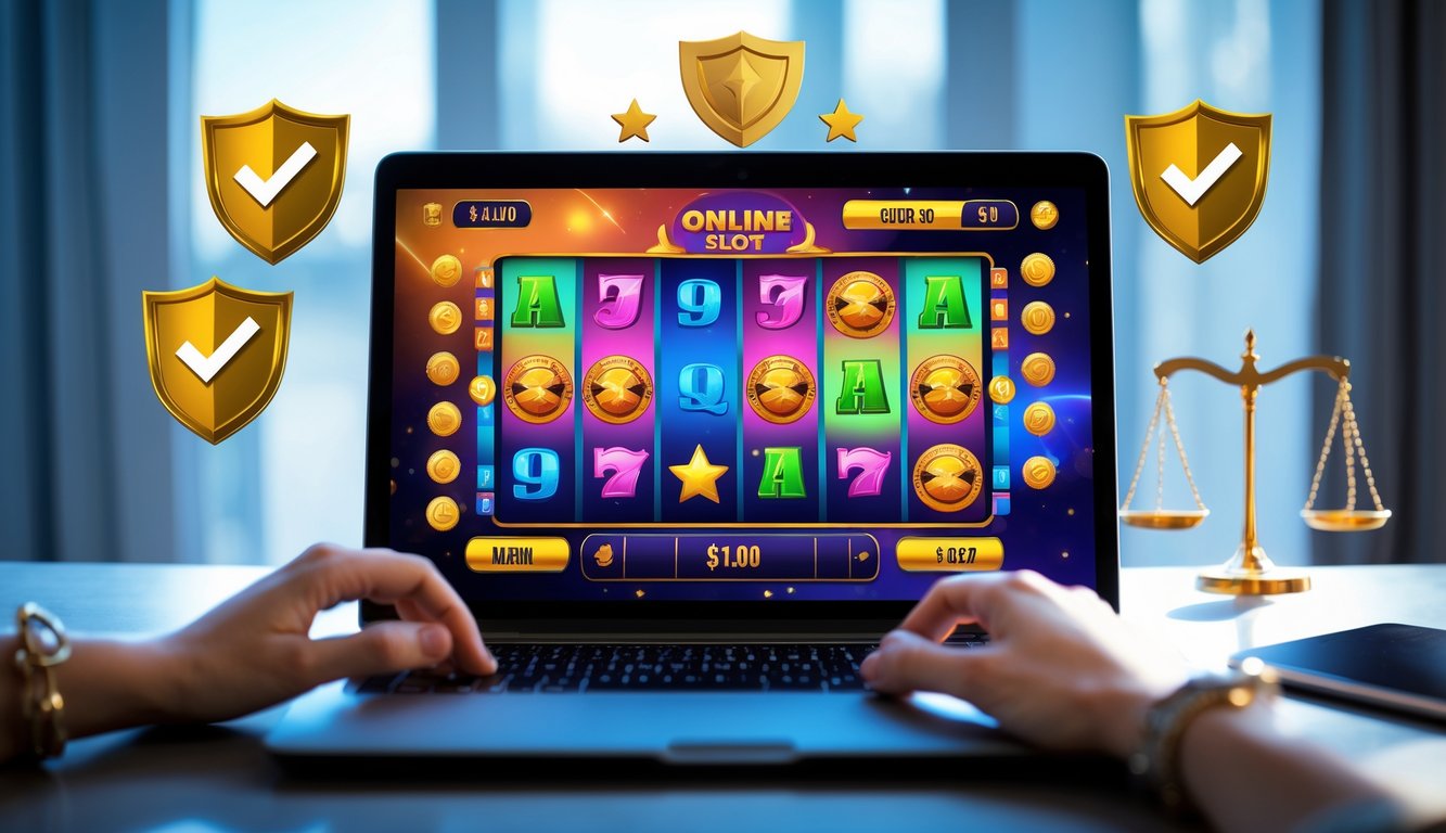 Seseorang menggunakan komputer dengan layar menampilkan permainan slot online yang berwarna-warni, dikelilingi simbol kepercayaan seperti perisai emas dan timbangan, menunjukkan pengalaman bermain slot online yang adil dan terpercaya.