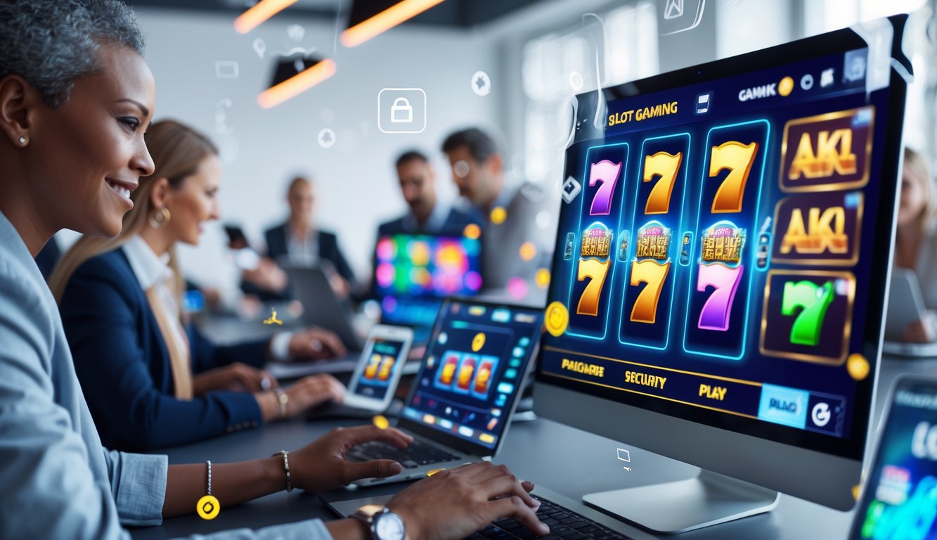 Beberapa orang menggunakan perangkat digital untuk bermain permainan slot online di ruang kerja modern yang terang dan bersih.