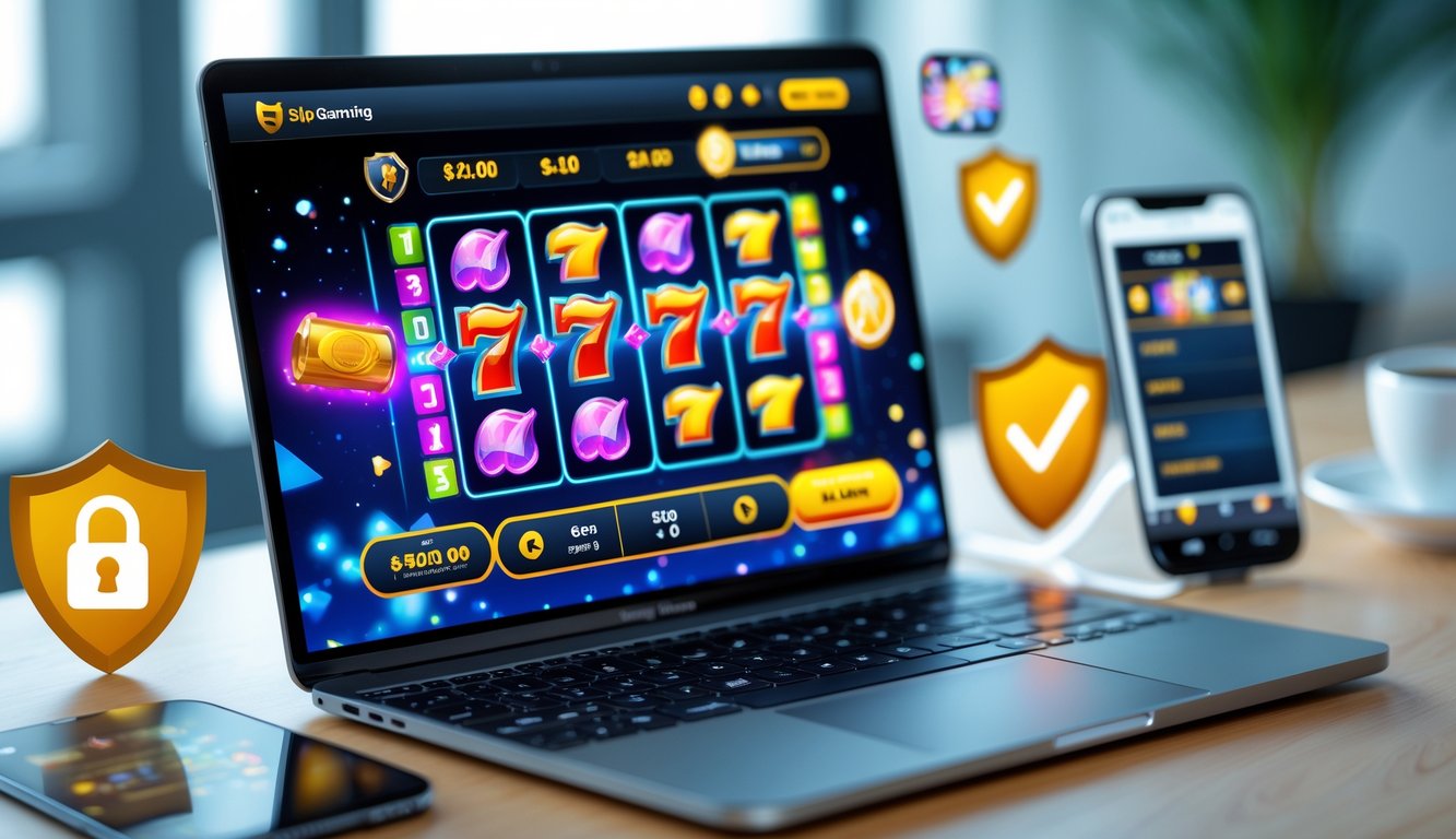 Seorang pemain menggunakan laptop dengan tampilan permainan slot online di meja kerja yang rapi, dilengkapi ikon keamanan digital.