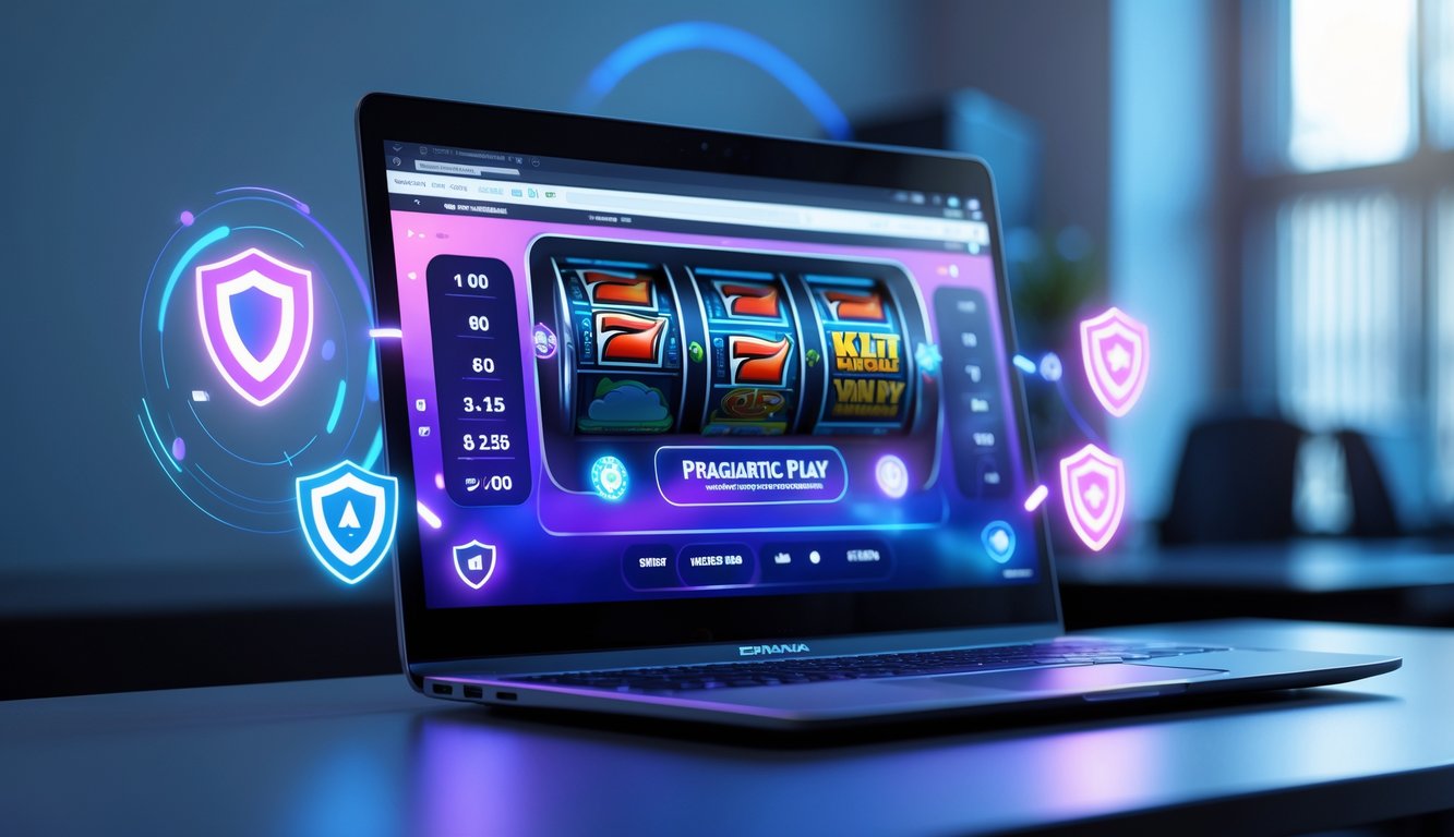 Seorang pemain sedang menggunakan komputer dengan permainan slot online di layar, di meja kerja yang rapi dengan simbol keamanan di latar belakang.