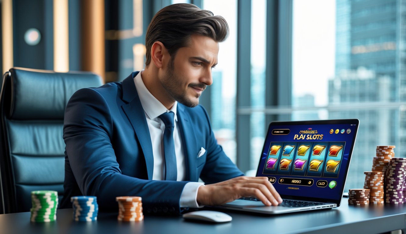 Seorang pria duduk di meja modern dengan laptop yang menampilkan permainan slot online, dikelilingi oleh simbol keamanan dan chip kasino, di ruang kantor dengan pemandangan kota.
