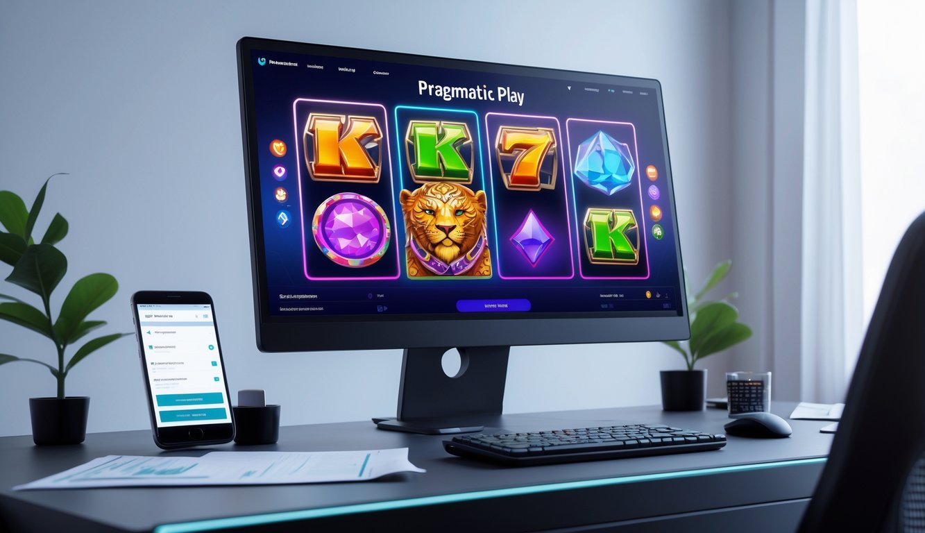 Seseorang sedang menganalisis strategi menang pada permainan slot online Pragmatic Play di depan komputer dengan layar menampilkan grafik permainan slot berwarna-warni.