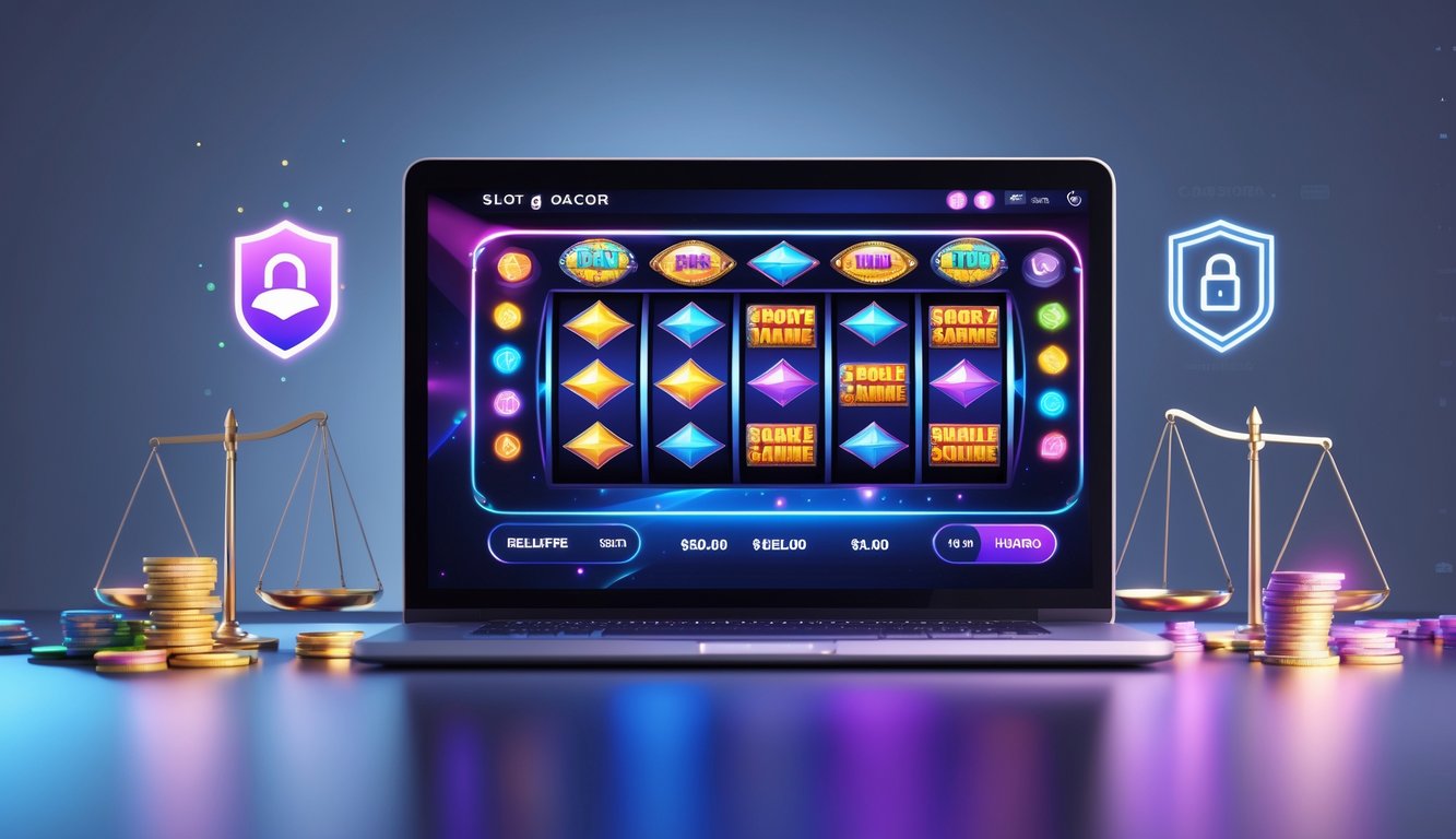 Seorang pengguna bermain permainan slot online Pragmatic Play di komputer dengan simbol permainan dan ikon keamanan di sekitar layar.