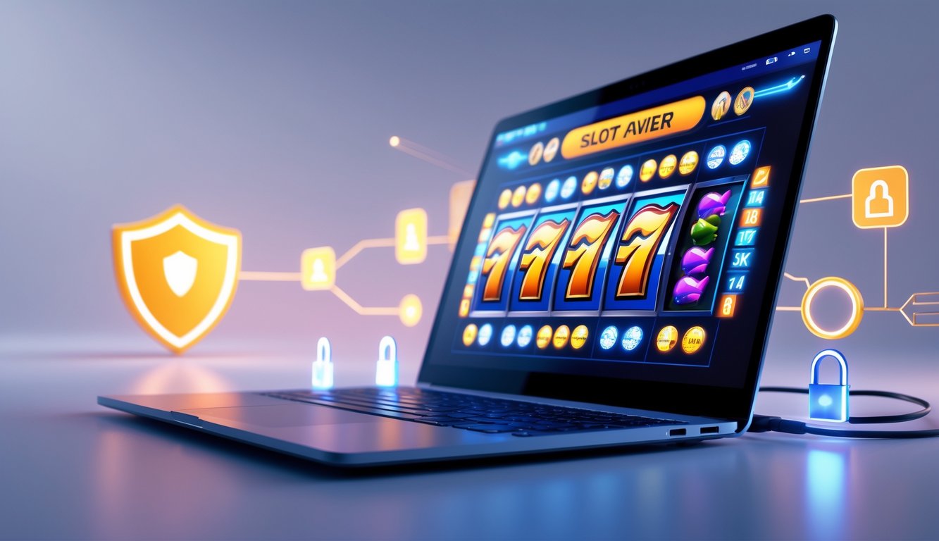 Seorang pengguna sedang bermain mesin slot online di komputer dengan latar belakang yang bersih dan simbol keamanan digital.