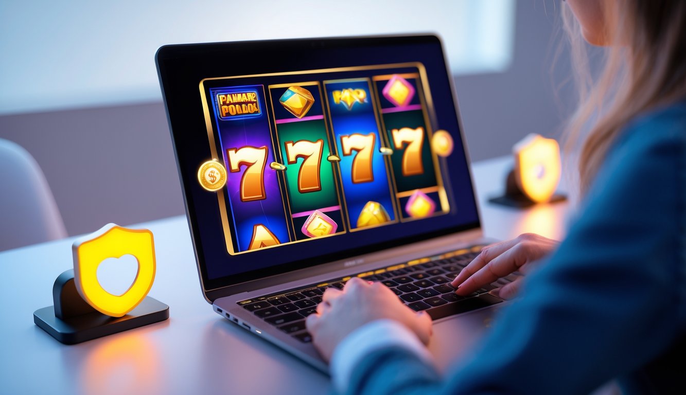 Tangan seseorang menggunakan laptop yang menampilkan permainan slot online dengan latar belakang yang bersih dan simbol keamanan.