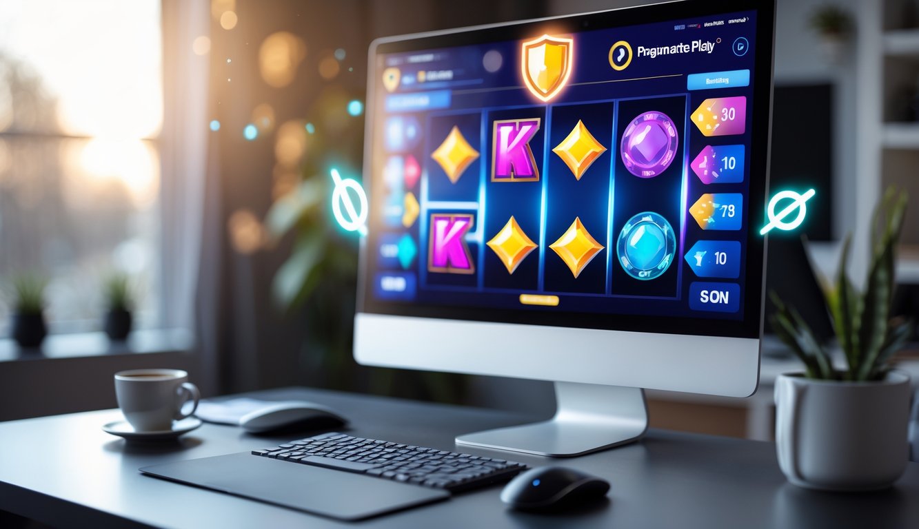 Seorang pengguna duduk di depan komputer dengan layar menampilkan permainan slot online yang cerah dan berwarna, di meja yang rapi dengan suasana nyaman.