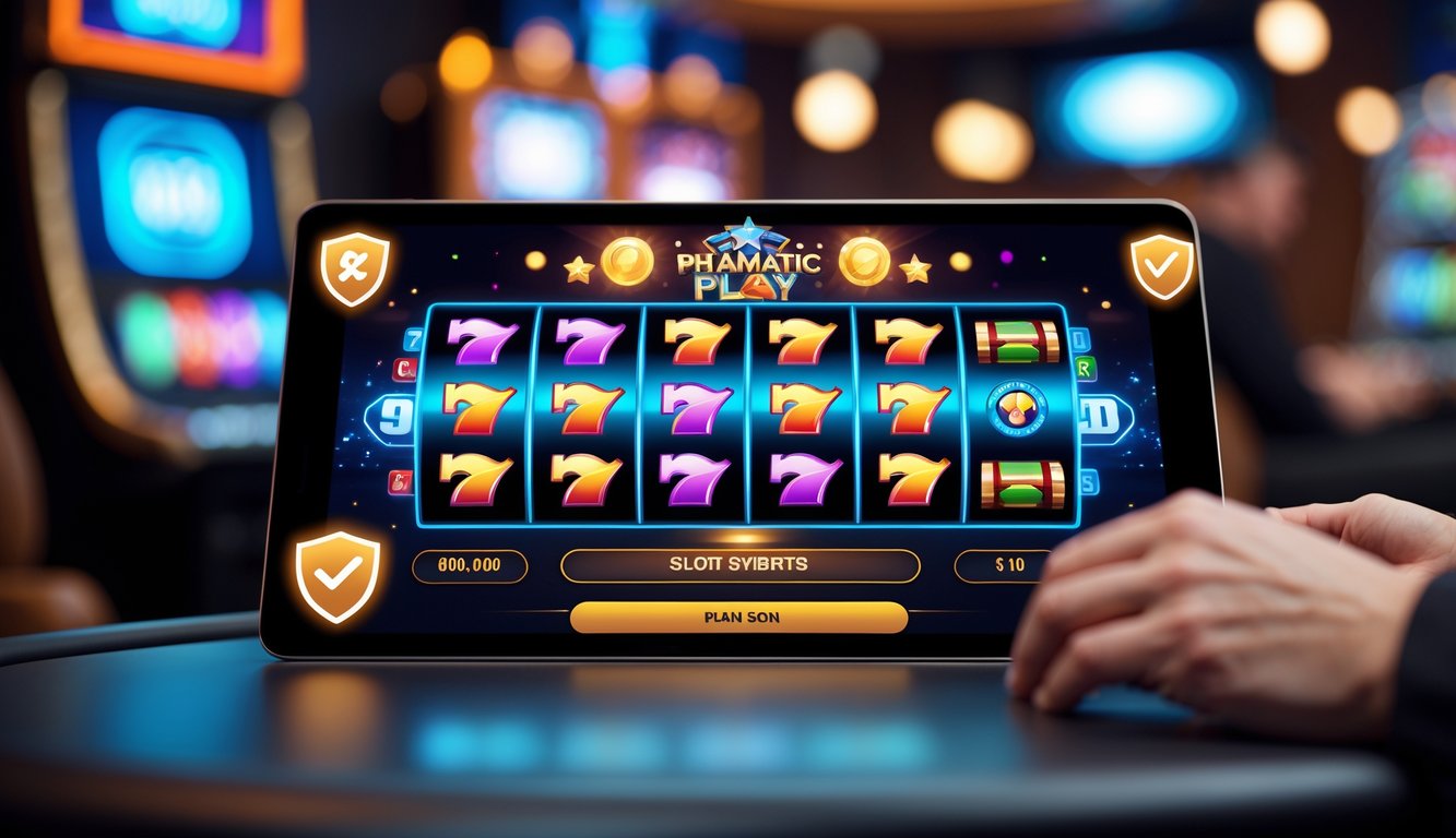 Seorang pemain menggunakan tablet untuk bermain mesin slot online dengan latar belakang lounge permainan yang modern dan pencahayaan lembut.