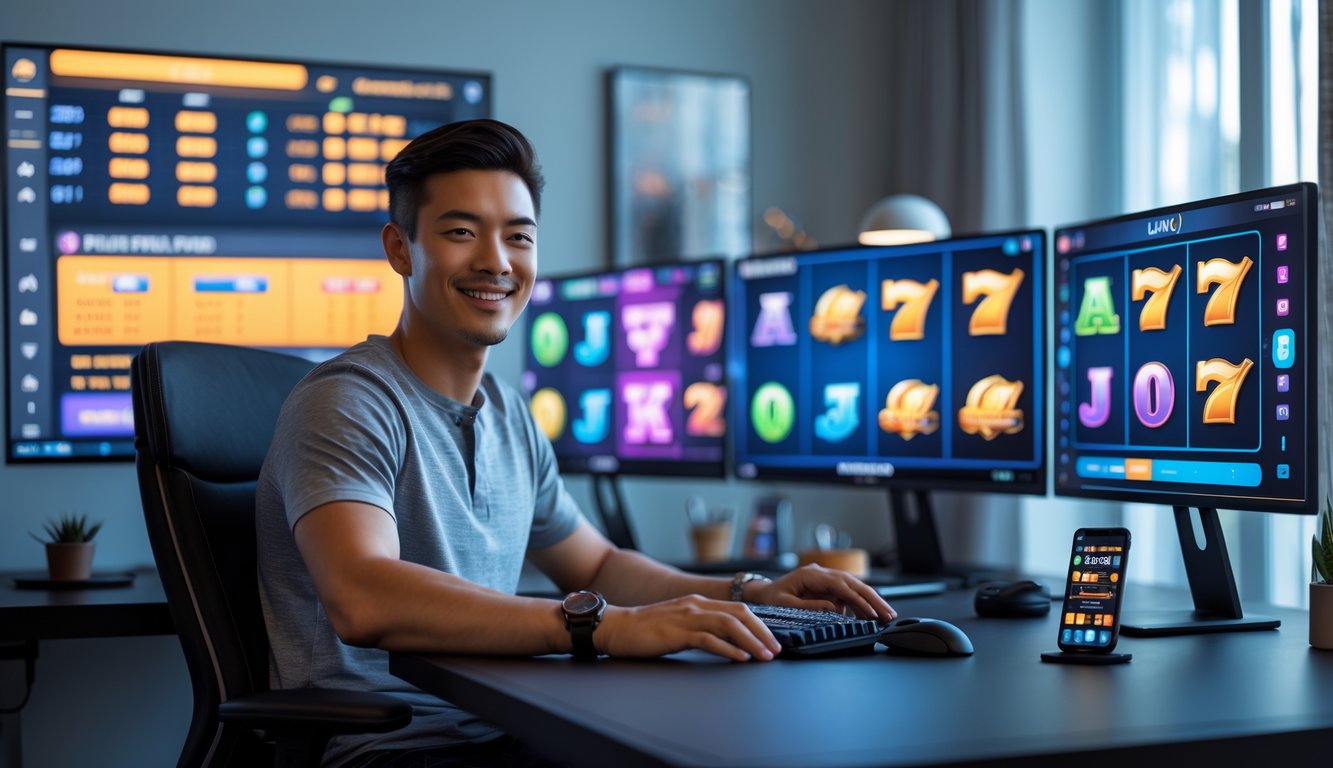 Seorang pria muda duduk di meja dengan beberapa layar komputer yang menampilkan permainan slot online, terlihat fokus dan tersenyum di ruang kerja modern.