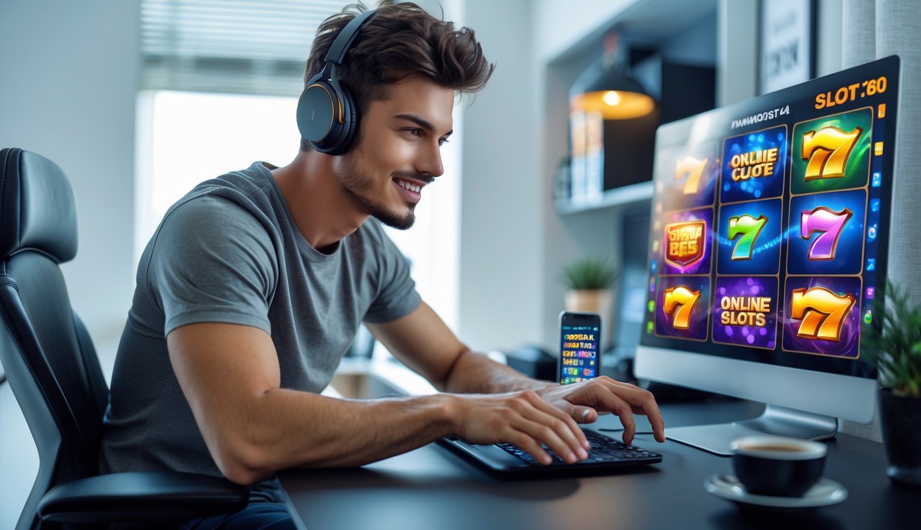 Seorang pria muda duduk di meja dengan laptop, fokus bermain permainan slot online di ruangan kantor rumah yang rapi.