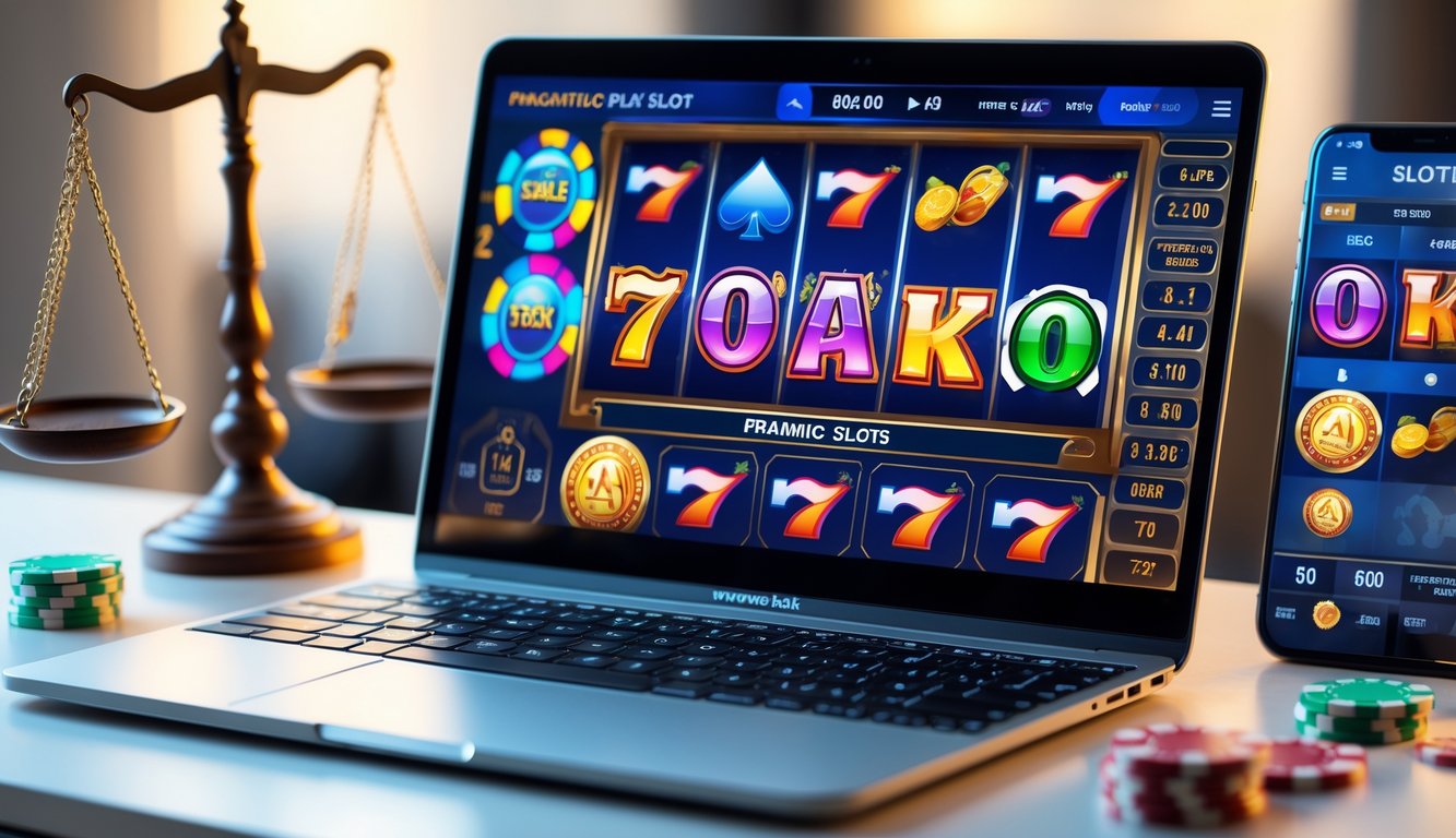 Sebuah laptop modern menampilkan permainan slot online dengan chip poker dan ponsel di atas meja bersih.