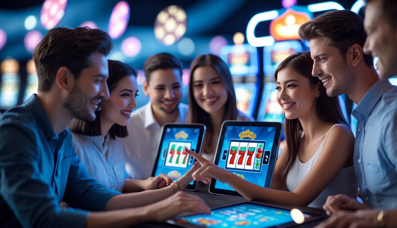 Beberapa orang muda sedang bermain permainan slot online di layar komputer dan tablet dengan suasana kasino yang cerah dan modern.