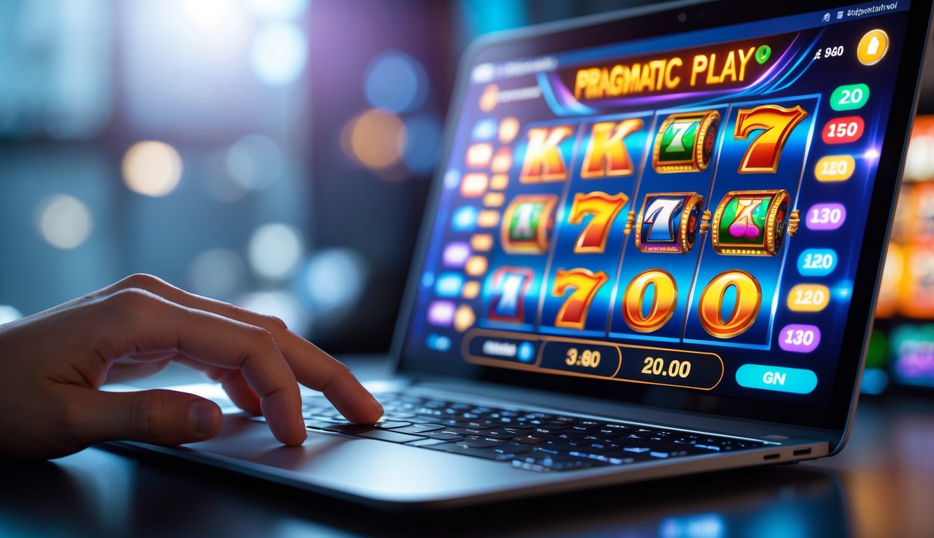 Seorang pemain menggunakan laptop dengan tampilan permainan slot online yang berwarna-warni di layar, menunjukkan suasana bermain slot yang aman dan terpercaya.