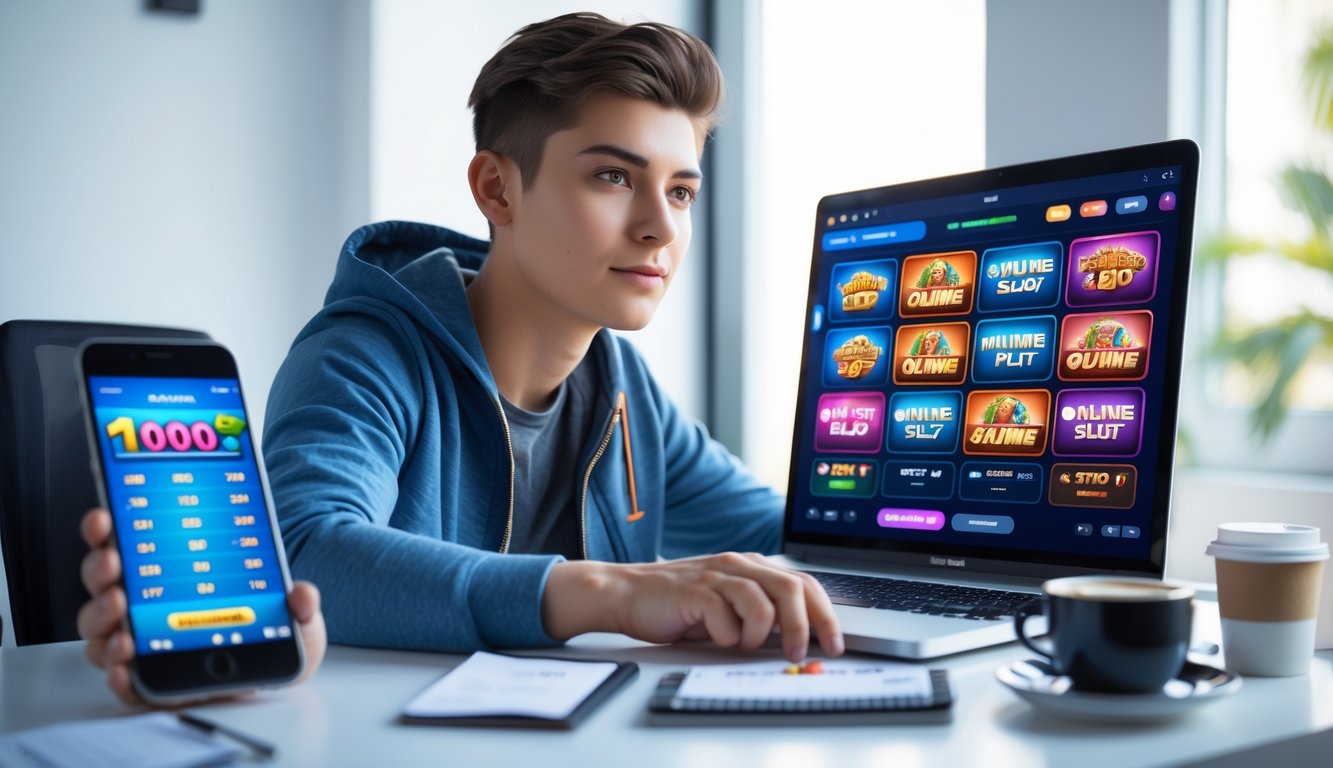 Seorang dewasa muda duduk di meja dengan laptop yang menampilkan permainan slot online, terlihat fokus dan percaya diri dalam memilih bandar slot online terpercaya.