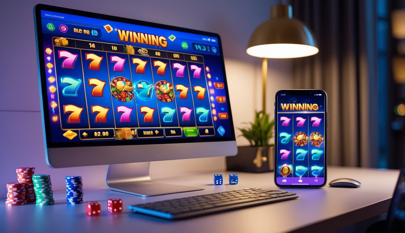 Meja kerja dengan komputer dan ponsel yang menampilkan permainan slot online, dikelilingi oleh chip poker dan kartu remi.