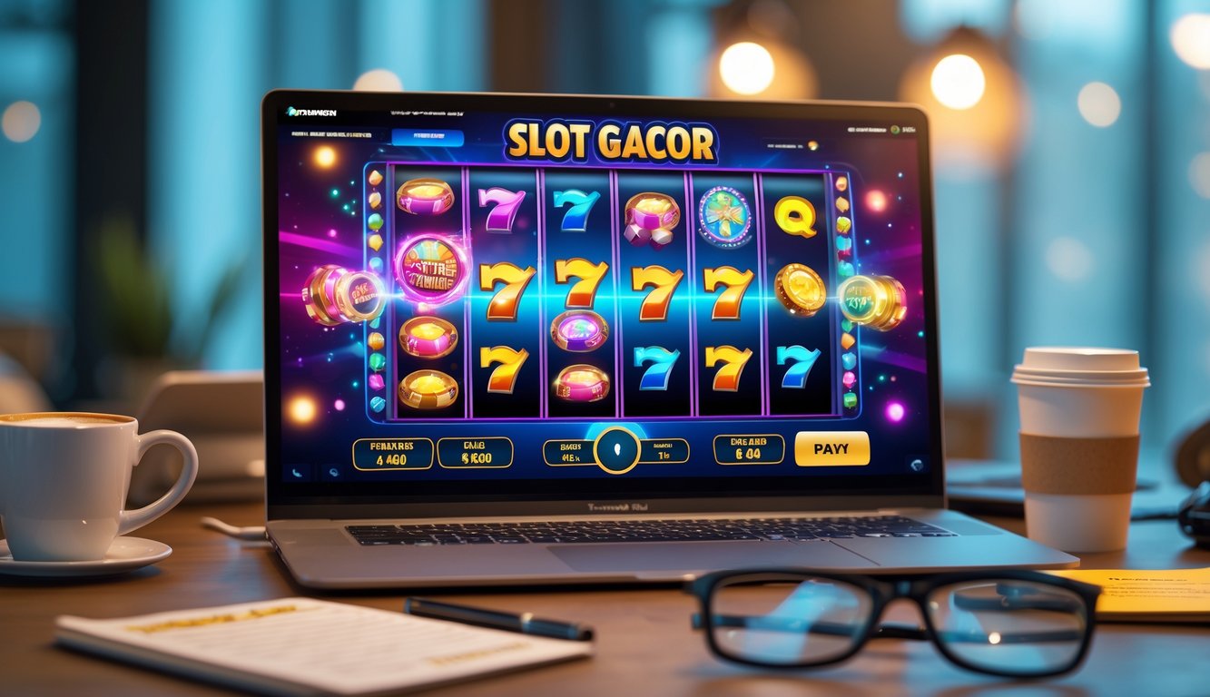 Seorang pemain sedang menggunakan komputer dengan tampilan permainan slot online yang penuh warna, dikelilingi oleh alat tulis dan minuman di meja kerja.