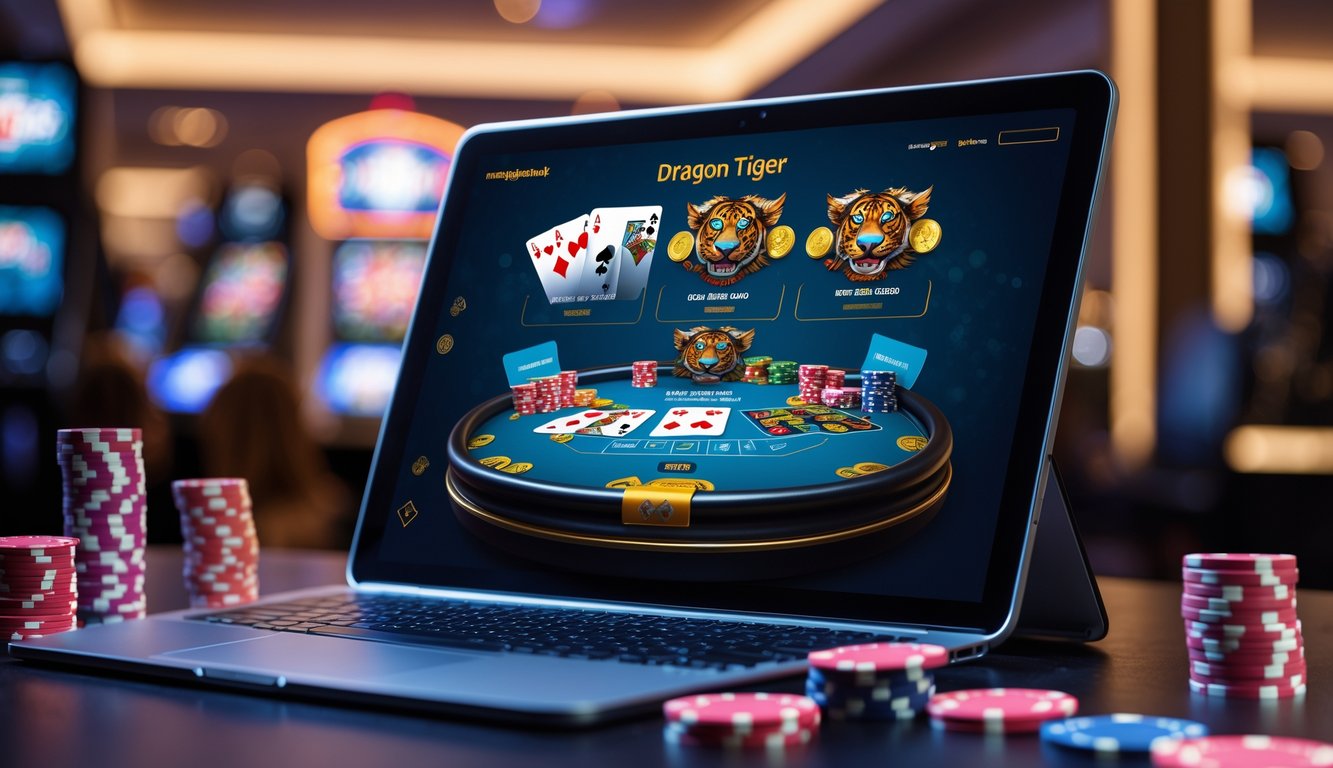 Layar komputer menampilkan permainan Dragon Tiger dengan kartu dan chip kasino di sekitar, suasana kasino online yang modern dan menarik.