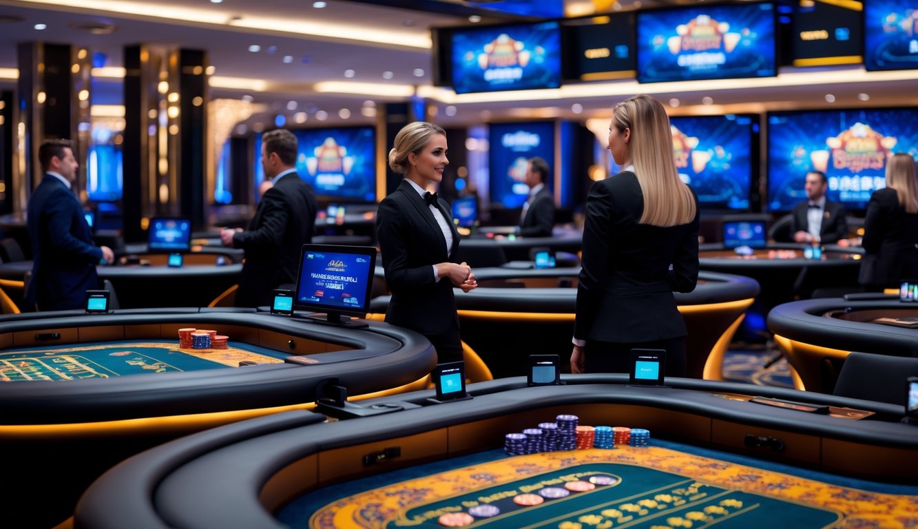 Suasana kasino langsung modern dengan dealer profesional dan meja permainan Dragon Tiger yang ramai.