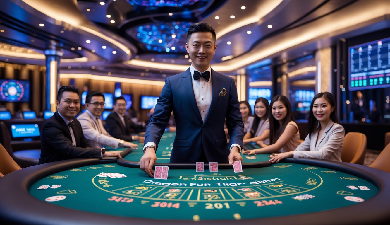 Seorang dealer di meja permainan Dragon Tiger di kasino langsung yang modern dengan pemain yang antusias dan suasana mewah.