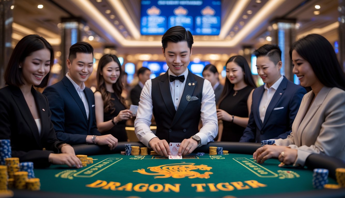 Seorang dealer dan beberapa pemain sedang bermain kartu Dragon Tiger di meja kasino yang mewah dan terang.