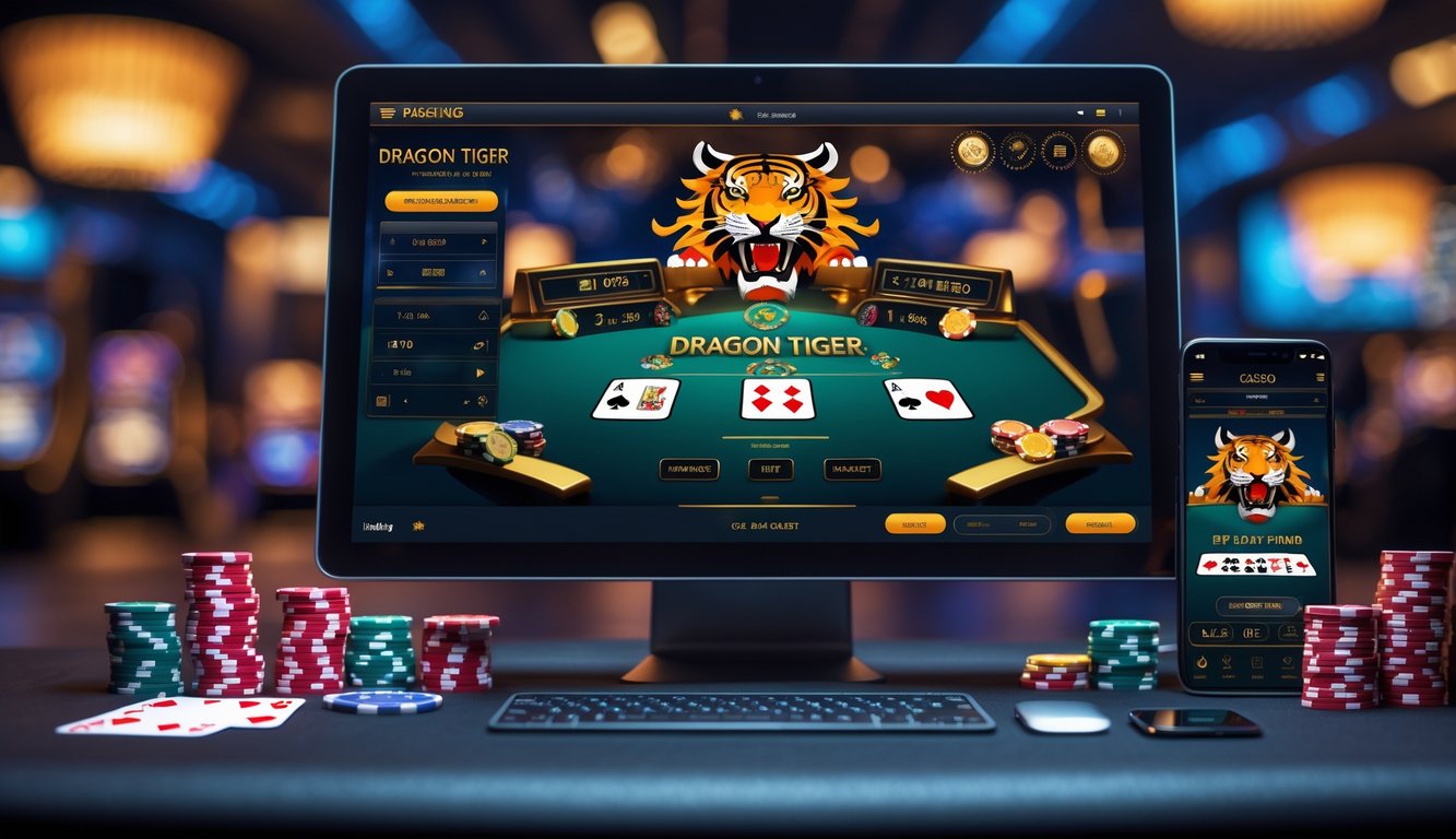 Sebuah meja permainan Dragon Tiger online dengan layar komputer menampilkan grafik permainan, dikelilingi oleh chip poker dan kartu remi.