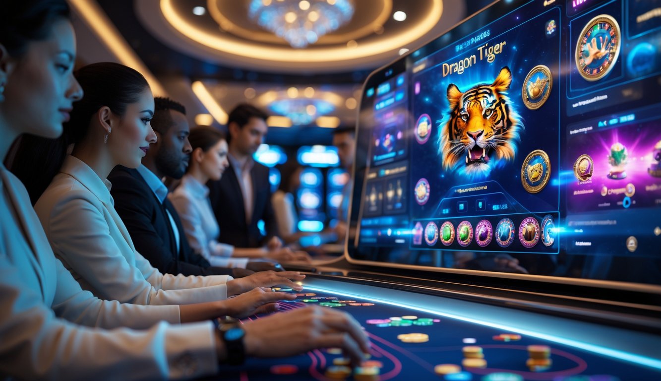 Beberapa pemain fokus menggunakan layar sentuh besar untuk bermain permainan Dragon Tiger di kasino online modern.