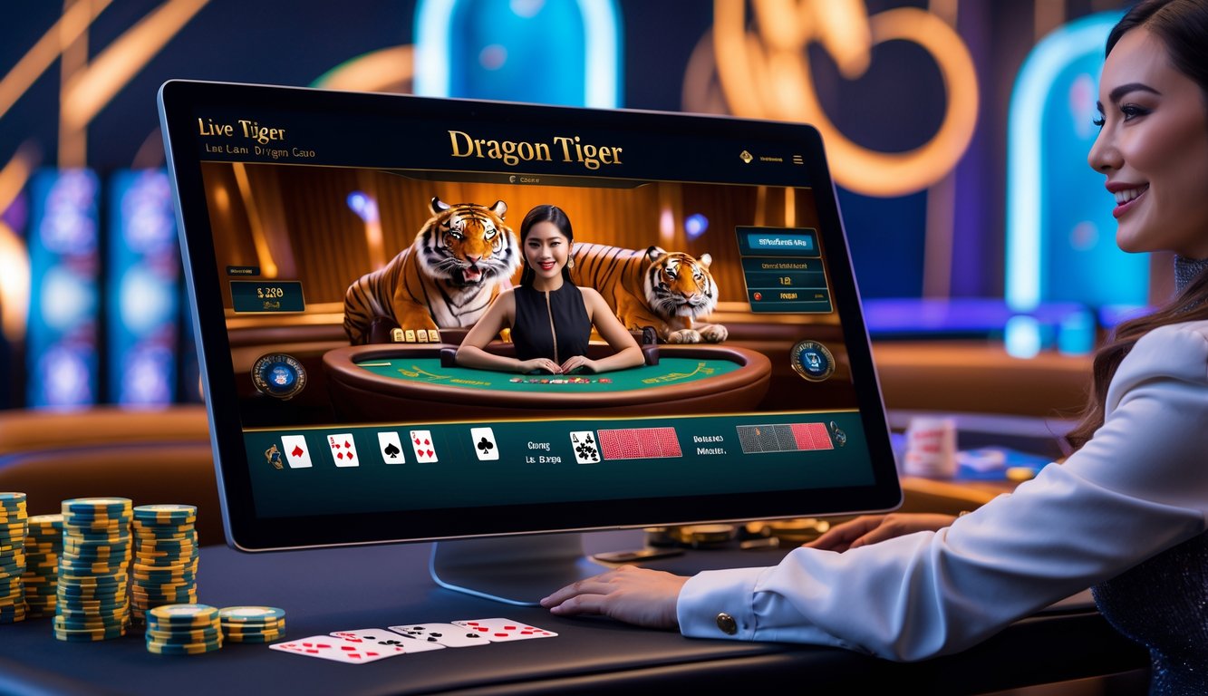 Seorang dealer kasino live yang ramah di depan layar komputer menampilkan permainan Dragon Tiger dengan kartu dan chip kasino di sekitarnya.