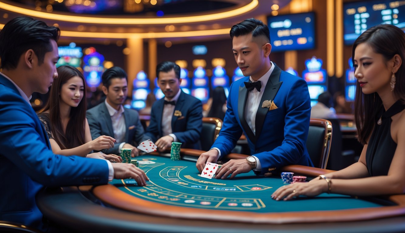 Seorang dealer dan pemain sedang bermain kartu Dragon Tiger di meja kasino langsung dengan suasana modern dan profesional.
