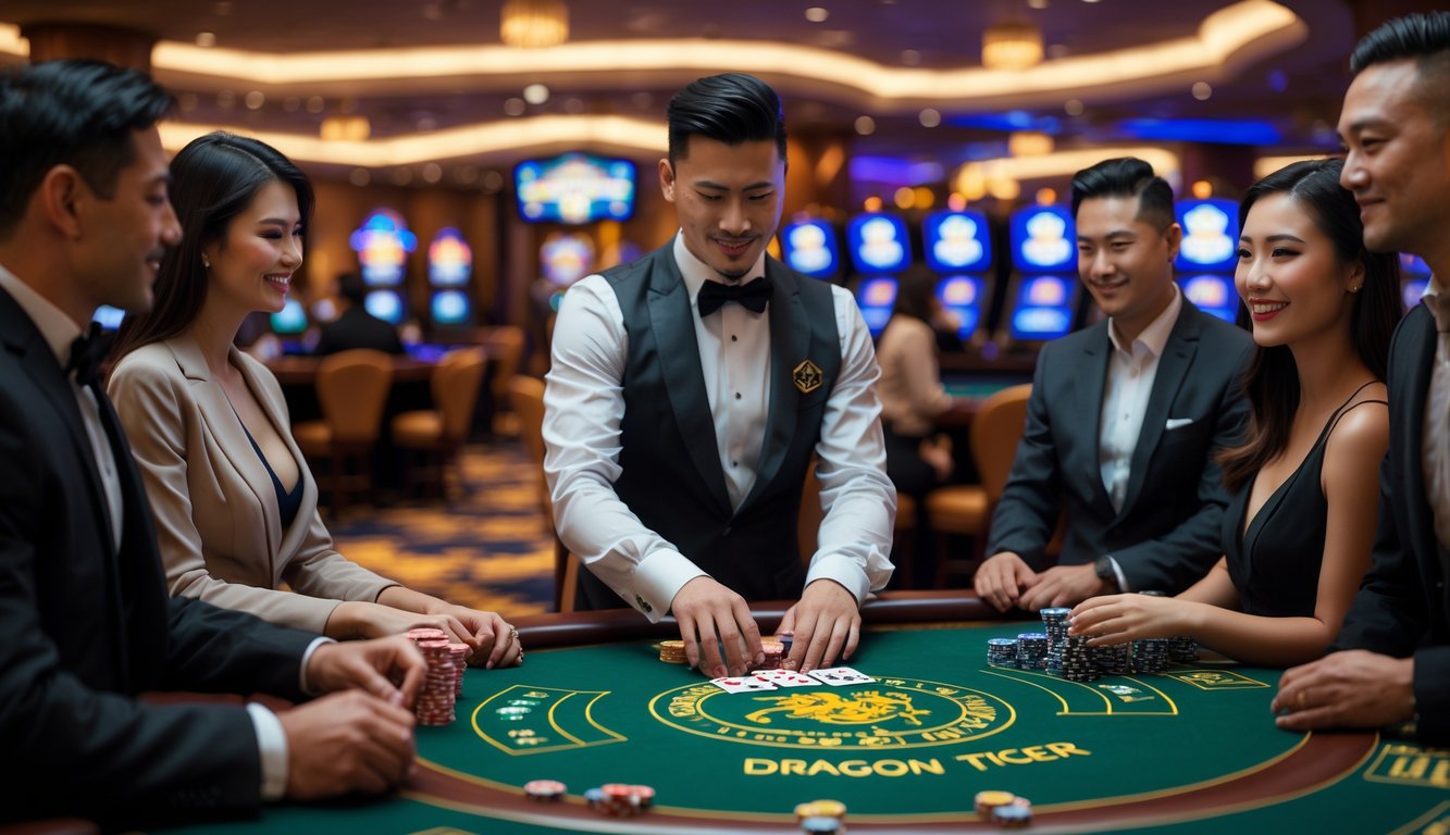 Seorang dealer yang rapi membagikan kartu di meja Dragon Tiger dengan pemain yang fokus di kasino mewah.