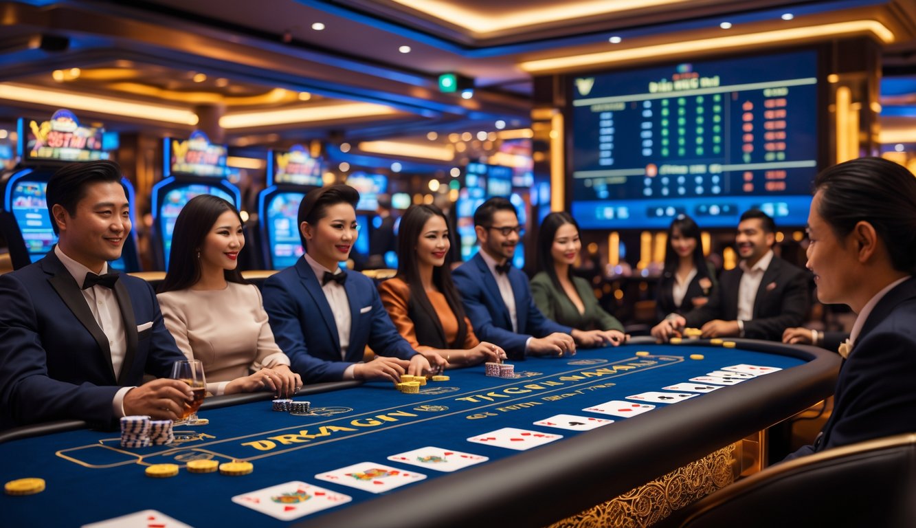 Suasana kasino langsung dengan meja Dragon Tiger, dealer profesional, dan pemain yang fokus bermain.